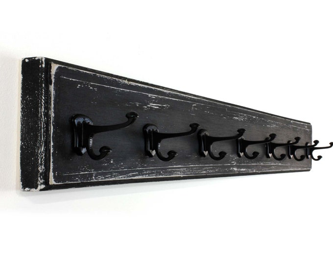 Farmhouse Coat Rack Wooden Wall Mounted Hook Rail Shabby Chic Vintage Rustic Distressed Decor Sturdy Entryway Storage Handcrafted in USA
