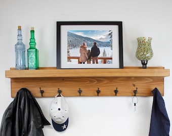 Wall Coat Rack Hook Shelf with Picture Ledge Mounted Farmhouse Entryway Nailhead Hooks Wood Hanging Storage for Entryway Handmade in USA