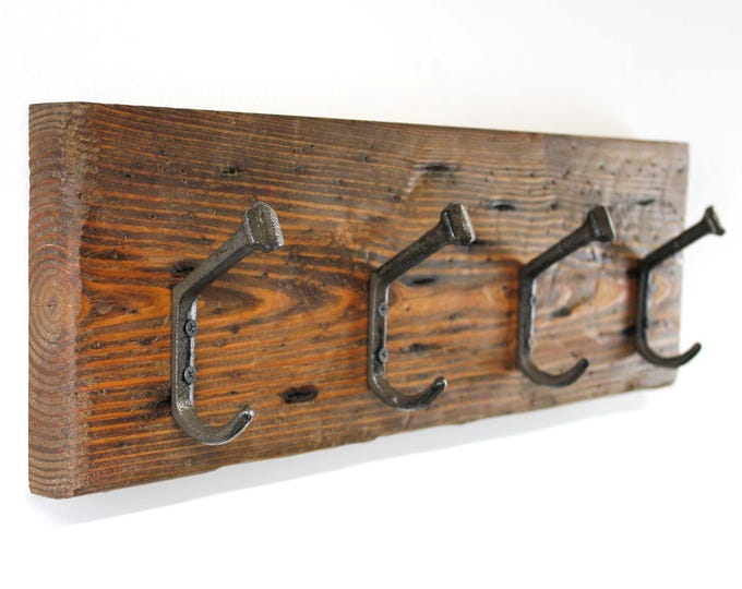 Farmhouse Coat Rack Wall Mounted Western Rustic Vintage Decor Railroad Spike Clothes Hooks Reclaimed Wood Look Entryway Handcrafted in USA