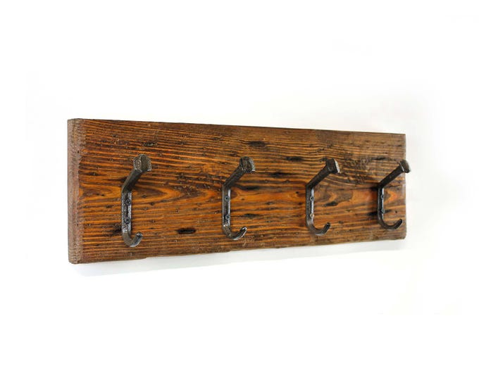 Farmhouse Coat Rack Wall Mounted Western Rustic Vintage Decor Railroad Spike Clothes Hooks Reclaimed Wood Look Entryway Handcrafted in USA