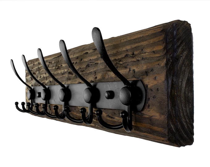 Rustic Wall Mounted Large Hook Coat Rack Hand Weathered Reclaimed Wood with Compact Hooks Storage Modern Farmhouse Home Entryway Made in USA