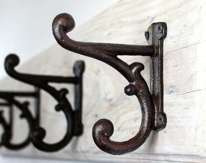 Double Hooks Wall-Mounted Hanging Farmhouse Cottage French Country Home Decor Cast Iron Black Scroll Hook