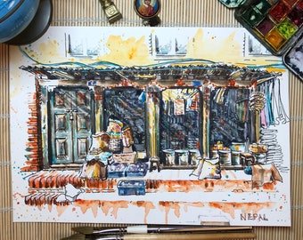 Nepali shopfronts, print from my original watercolour sketch.