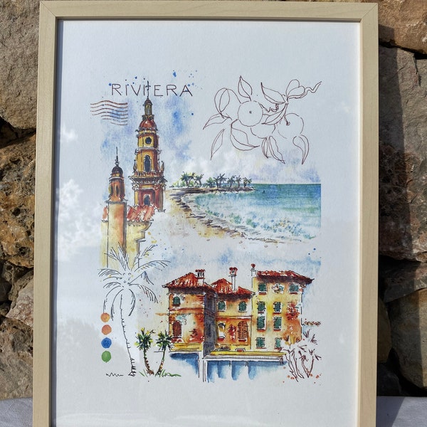 French Riviera print, from my original watercolour sketch.