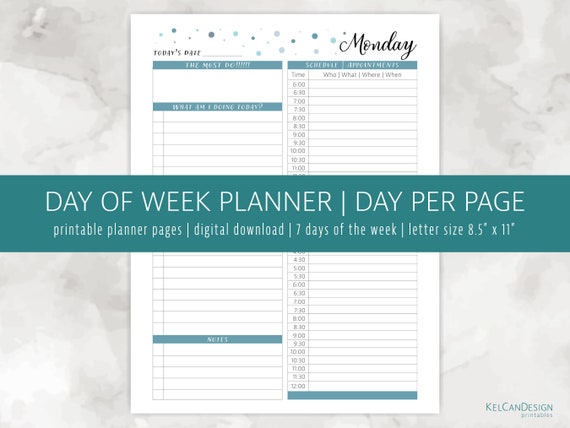 Daily Planner Page Day of Week Printable PDF Digital - Etsy