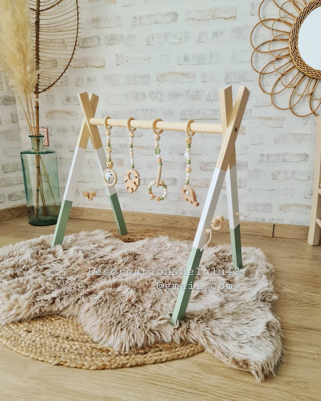 Arche D'Éveil Bébé En Bois - Portique De Jeux Avec Pendants, 45x37.5x47.5 Cm, Pin Naturel