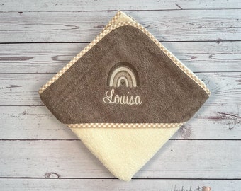 Toalla con capucha bordada con arcoíris y nombre | Toalla de baño con capucha | 80 x 80 cm o 100 x 100 cm | Varios colores | Regalo para bebé