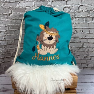 personalisierter Stoffbeutel mit Boho Löwe | Beutel für Kindergarten | Turnbeutel mit Namen bestickt I Kita Tasche