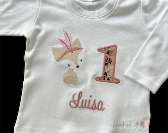 Geburtstags - Shirt mit Boho Fuchs, Zahl und Namen | Longsleeve personalisiert | Geburtstagsshirt Kinder | Bohotiere | Geschenkidee