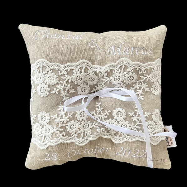 Vintage Ringkissen | pillow | Trägerkissen für Eheringe aus Leinen | Hochzeit | Kissen für Ringe mit Spitzenband | wedding