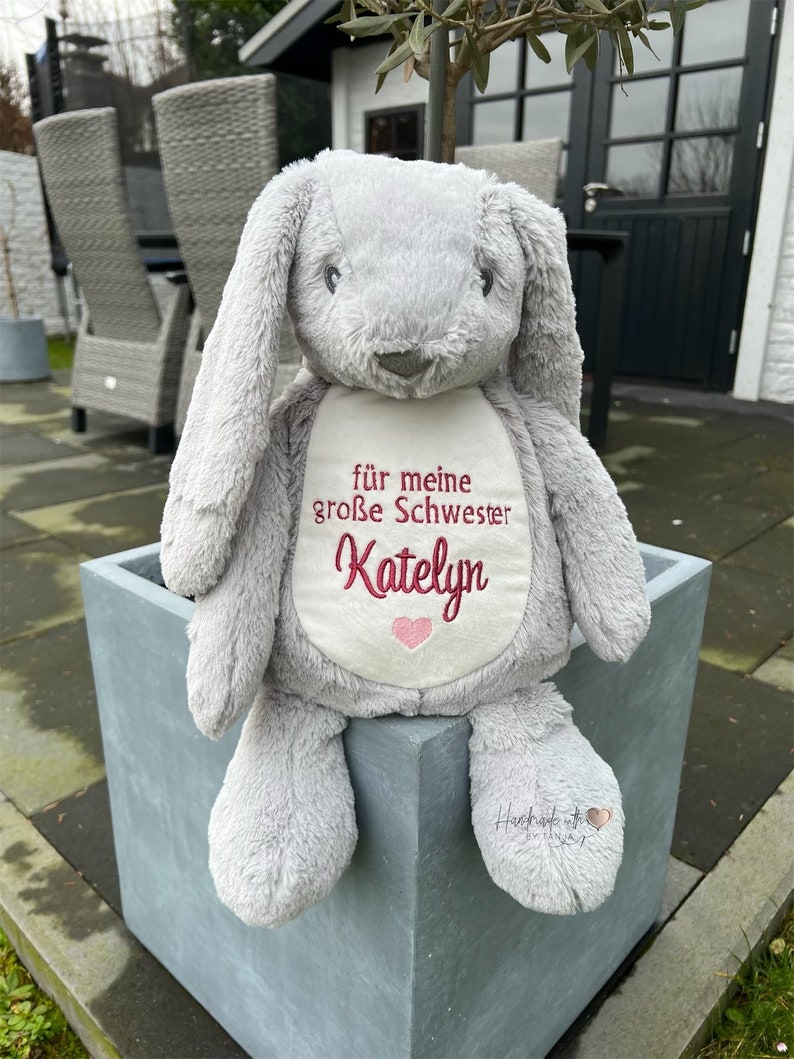 Cuddly toy bunny embroidered with the name of big sister image 3