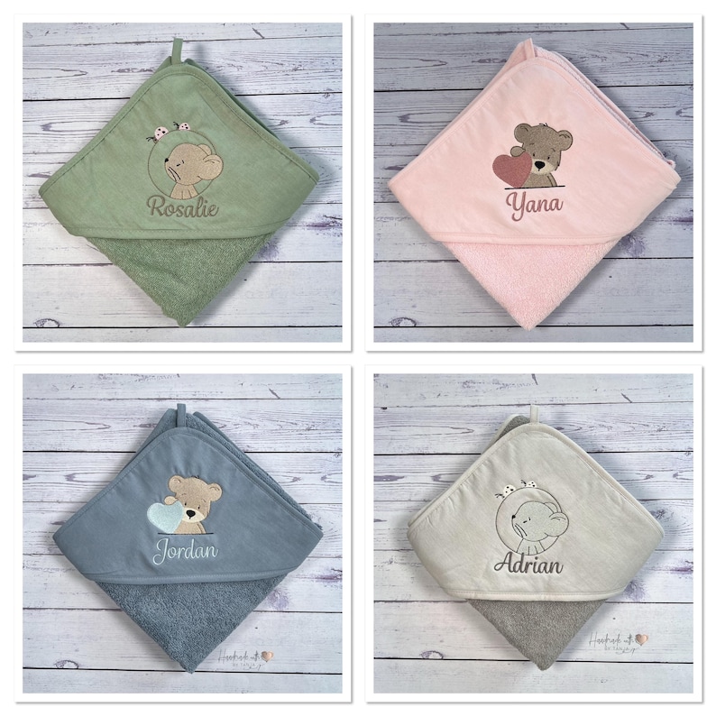 Kapuzenhandtücher in old green, light pink/rosa, jeansblue und Anthrazit/grau mit Bestickung
