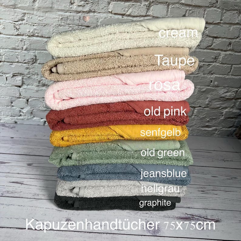 wählbare Handtuchfarben: cream,Taupe, rosa, old pink, senfgelb, old green, jeansblue, hellgrau und graphite