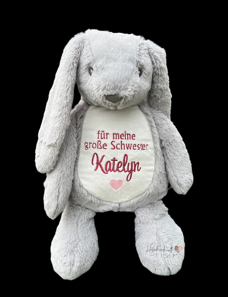 Cuddly toy bunny embroidered with the name of big sister grauer Hase