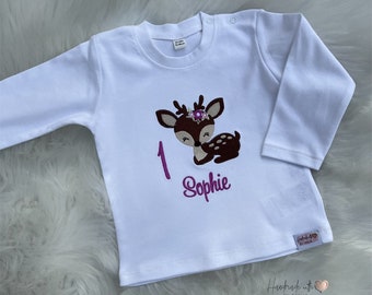 Birthday shirt with deer fawn name and number embroidered | Personalized Birthday Shirt | Children's Birthday | Gift idea girls