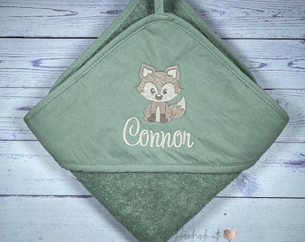 Toalla con capucha personalizada con nombre – bordado de zorro – toalla con capucha para bebé – 75×75 cm o 100×100 cm