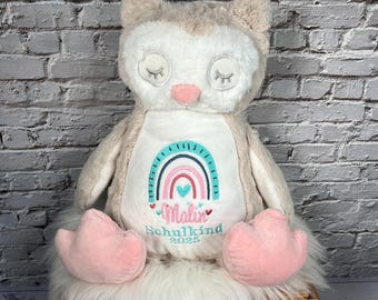 Kuscheltier Eule | Mutmacher zum 1 Schultag | Plüschtier Hase mit Namen & Regenbogen bestickt | Geschenkidee Einschulung