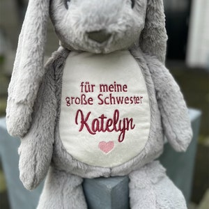 Cuddly toy bunny embroidered with the name of big sister image 8