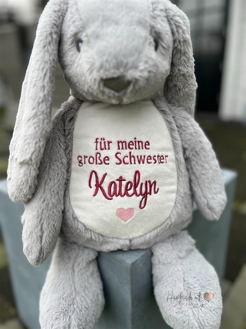Cuddly toy bunny embroidered with the name of big sister image 8