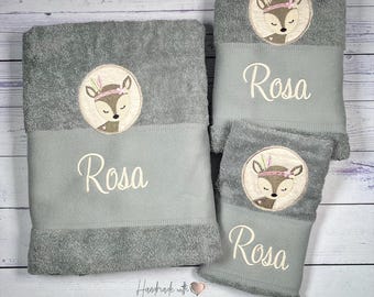 Towel embroidered with name and deer | various sizes and colors | Personalized kindergarten towel