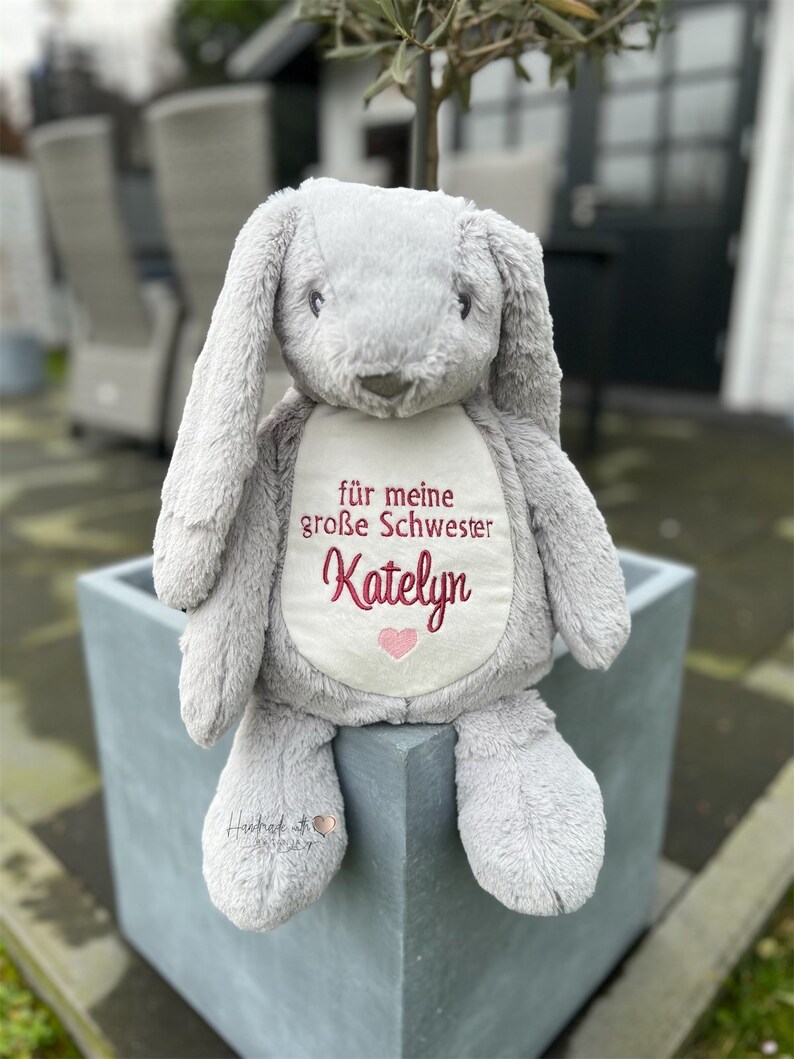 Cuddly toy bunny embroidered with the name of big sister image 9