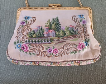 Vintage Evening Bag, Antique Evening Bag, Roses Evening Bag, Petit Point, Embroidered Evening Bag, 1950s Style, WW2 Style, Floral Bag