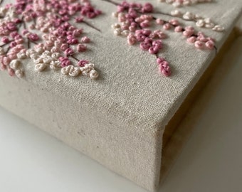 Cherry Blossom Botanical Floral Embroidered Box/Book Clutch Bag, with Gold Hardware, Liberty Fabric Lined