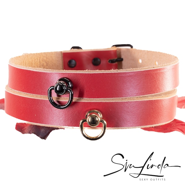 SiaLinda: Collar Red Natural, with O-ring in gold or black, cowhide, vegetable tanned, Italian leather