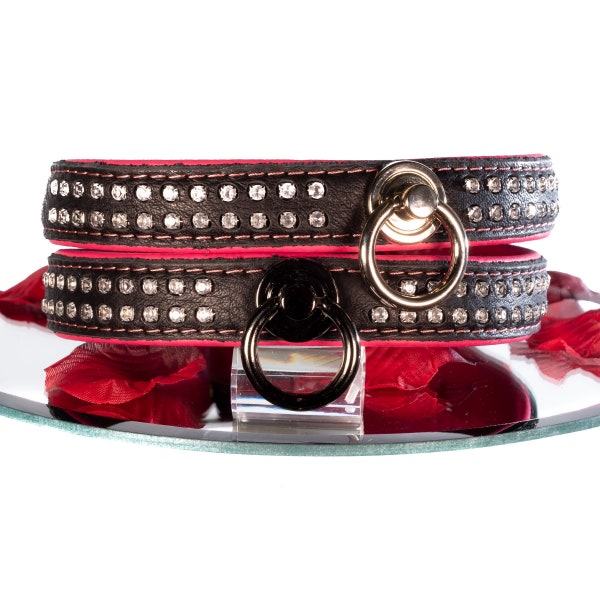 SiaLinda: Halsband echtes Elch Leder mit Strass pink schwarz, gr. O-Ring, 20mm breit