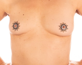 Nipple Tattoo Maeva Self-Adhesive Set of 2 Rhinestone Black Gold Flower Pattern Erotic Sexy Nipples Jewelry Open Pasties Sticker BDSM