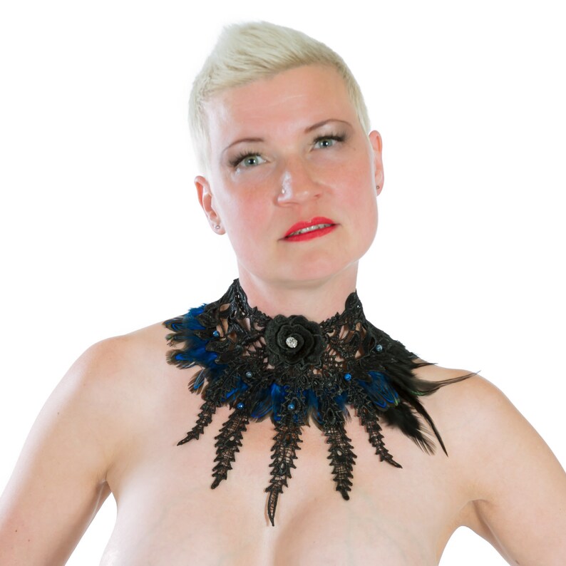 SiaLinda blue and black feathers semi precious stone lapis lazuli crystal Chest ornament necklace Marie