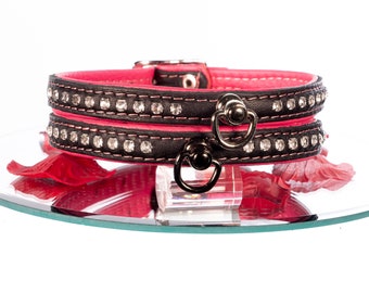 SiaLinda: collar real elk leather with kl. O-ring and rhinestones, black/pink 14mm wide, gift boxed