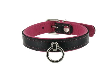 SiaLinda: Collar genuine moose leather with O-ring, two-tone, black / pink 20 mm wide