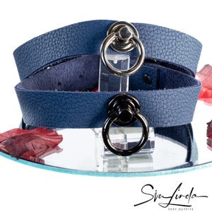 Premium elk leather collar Finland blue adjustable solo / O-ring silver black handmade Germany gift wrapping | by SiaLinda