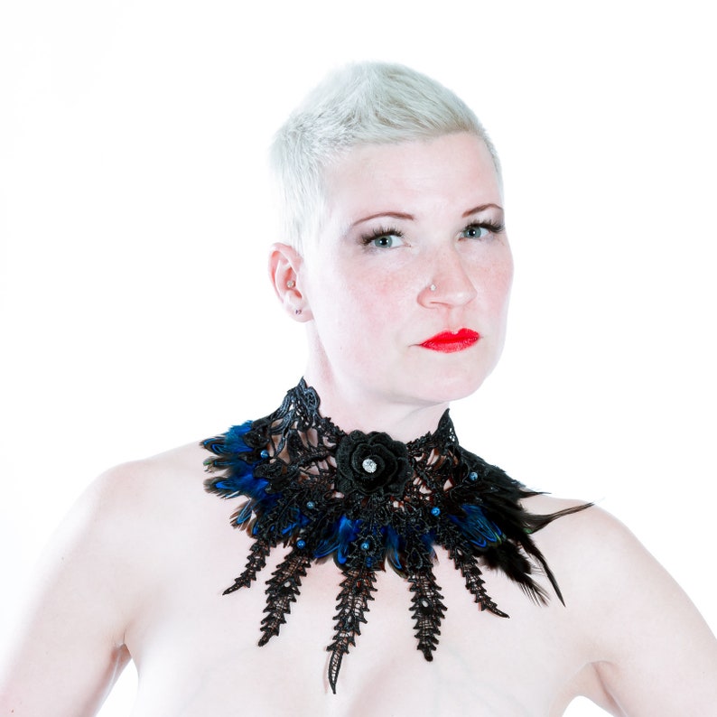 SiaLinda blue and black feathers semi precious stone lapis lazuli crystal Chest ornament necklace Marie