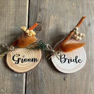 Personalised Wedding Rustic wooden table names with dried flowers place setting