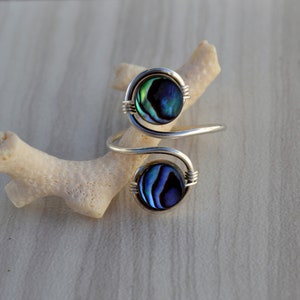 May include: A silver wire ring with two round abalone shell inlays. The ring is wrapped around a white coral branch.