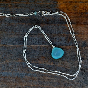 Blue Chalcedony Teardrop Necklace: Sterling Silver Seafoam Pendant