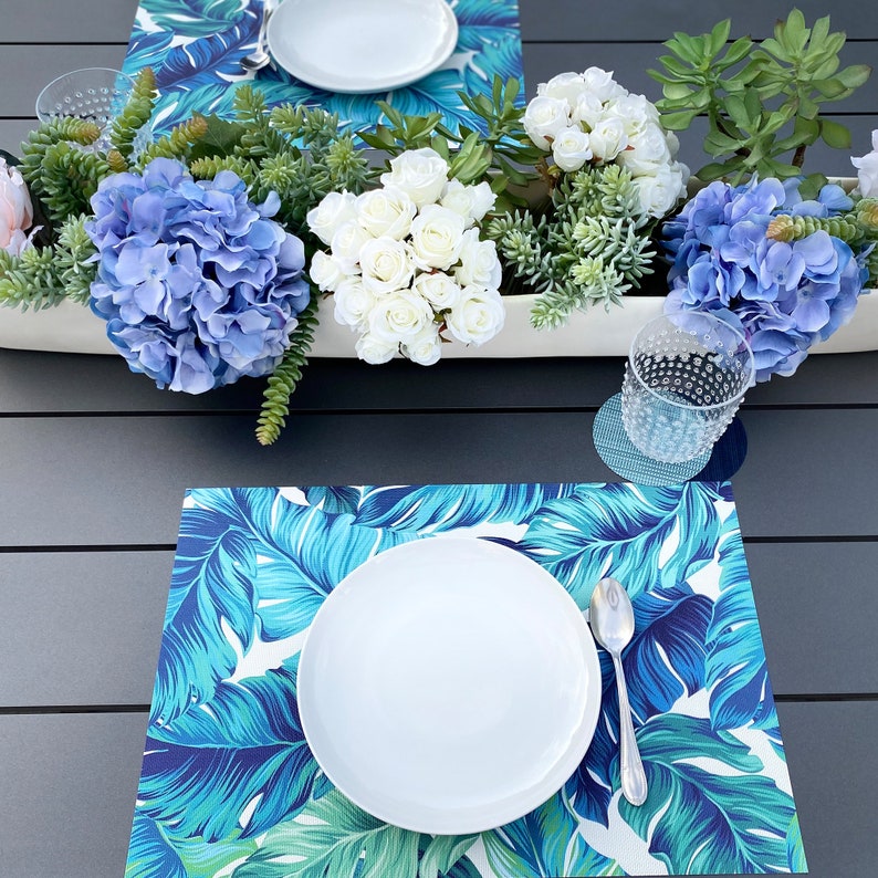 Tropical Blues Easy to Clean Printed Vinyl Placemat | Summer Decor | Plate Chargers | Dinner Place Mat | Sold Individually, set of 4 or 6 