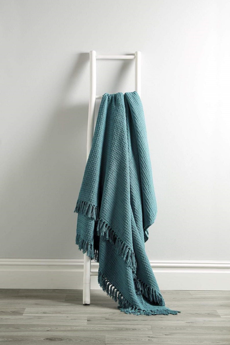 Handwoven Honeycomb Pure 100% Cotton Throw, Luxury Handmade Eco Friendly Sofa Bed Throws, Knitted Durable Blanket With Tassels Teal