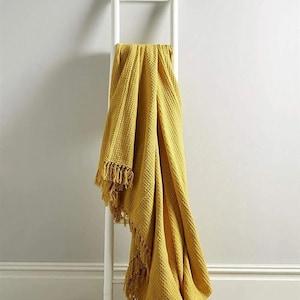 Handwoven Honeycomb Pure 100% Cotton Throw, Luxury Handmade Eco Friendly Sofa Bed Throws, Knitted Durable Blanket With Tassels