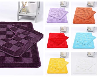 Squares Bath Mat Set, Super Soft Non Slip Bath Mat & Pedestal Set, Multiple Colours, Ultra Absorbent Bath Rug