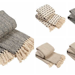 Super Soft Eco Friendly Recycled Comfortable 100% Cotton Lightweight Moroccan Sofa Bed Chair Throw, Knitted Durable Blanket With Tassels