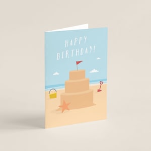 Carte d’anniversaire imprimable Château de Sable | TÉLÉCHARGEMENT INSTANTANÉ | Plage | Gâteau | Océan | Enfants | Vide à l’intérieur | Carte 5" x 7"