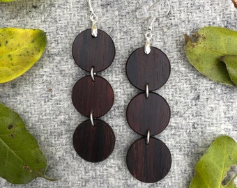 Walnut Triple Circle Dangles - reclaimed guitar wood