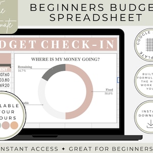 May include: A laptop screen displaying a Google Sheets budget template with a pie chart showing where money is going. The template is available in four colors and has built-in formulas. The text "The Ultimate Budget Check-In" is at the top of the screen.