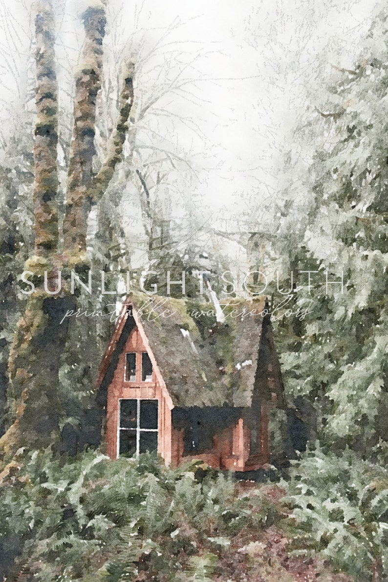 Printable Watercolor Download Woodsy Cottage Scene Moody | Etsy
