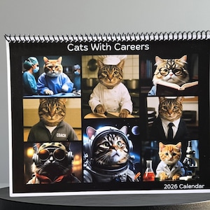 2026 Cats With Careers Wall Calendar, Landscape Hangable Calendar, 11x17 Calendar, Cats with Career Stories. Cat Lovers Calendar.