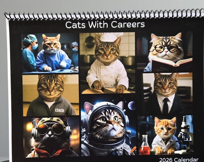 2026 Cats With Careers Wall Calendar, Landscape Hangable Calendar, 11x17 Calendar, Cats with Career Stories. Cat Lovers Calendar.