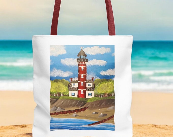 Crossroads Art With A Purpose, Two-sided 18x18 Tote Bag with Lighthouse and Michigan "The Great Lakes State" Tote. Unique Painted Art